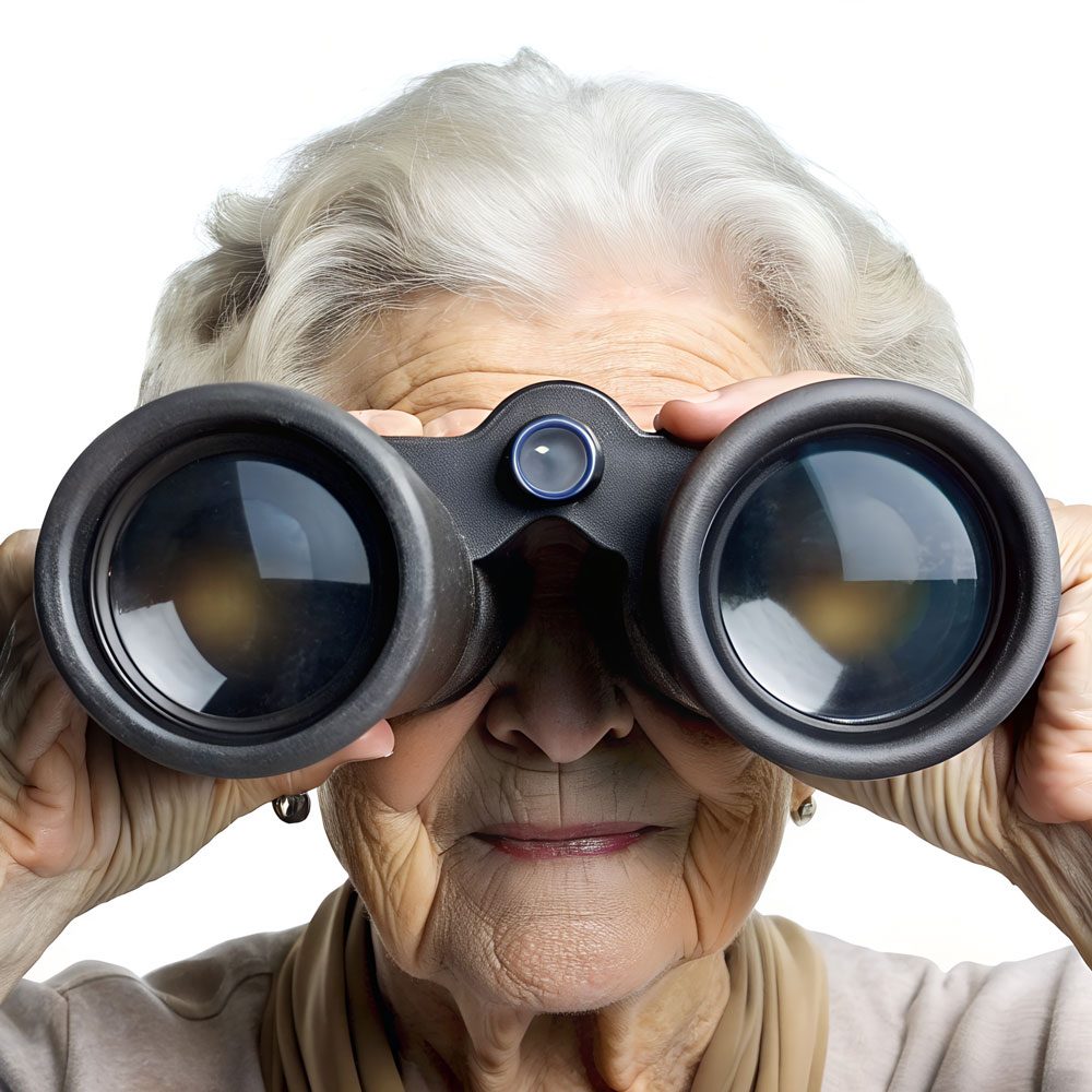 Seniorin blickt mit Fernglas nach vorne